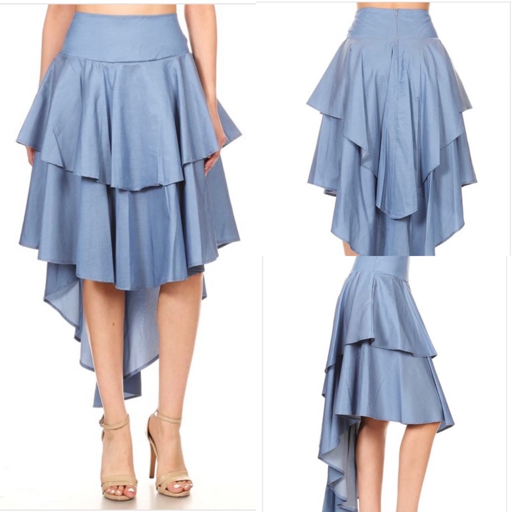 High-waisted, high low two layer denim ruffle skirt with a zipper in back.